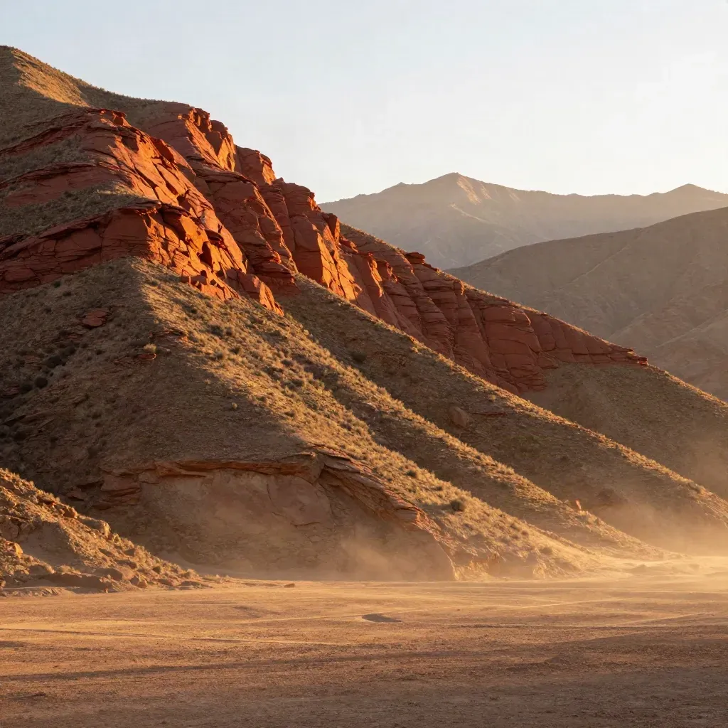 Sunlit Atlas Mountains ridge over an open ochre plain, terraced red rock in golden haze.
