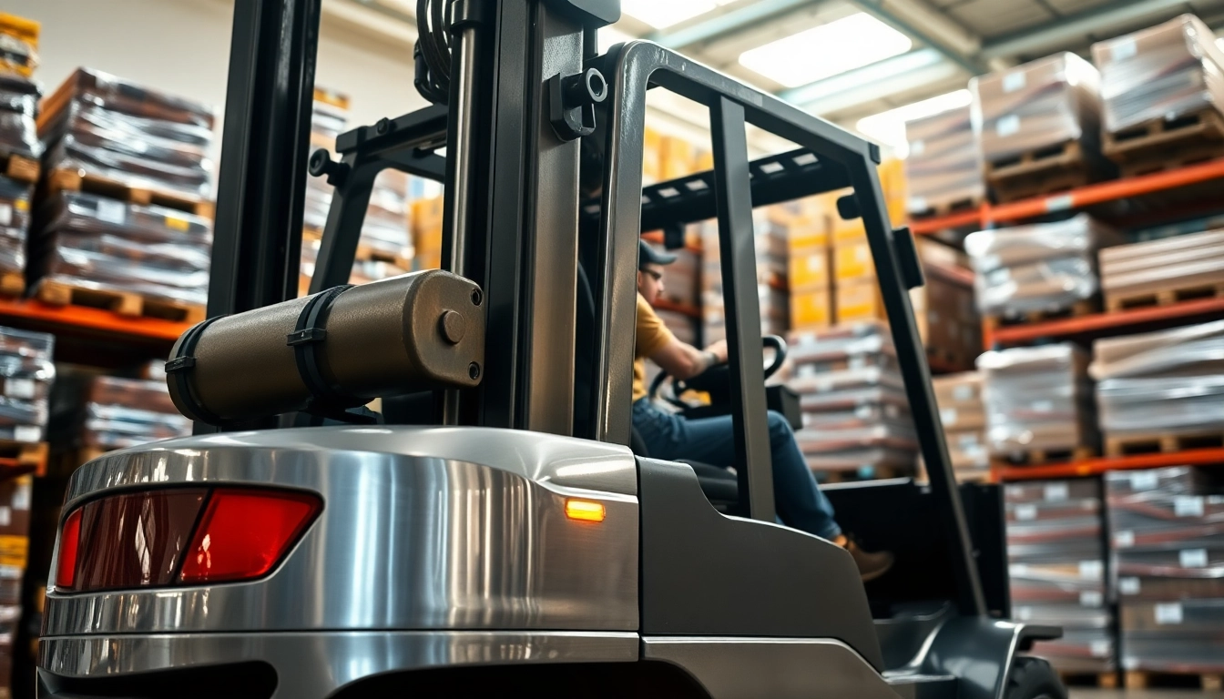 Operator skillfully maneuvering a forklift amidst stacked pallets in a warehouse.