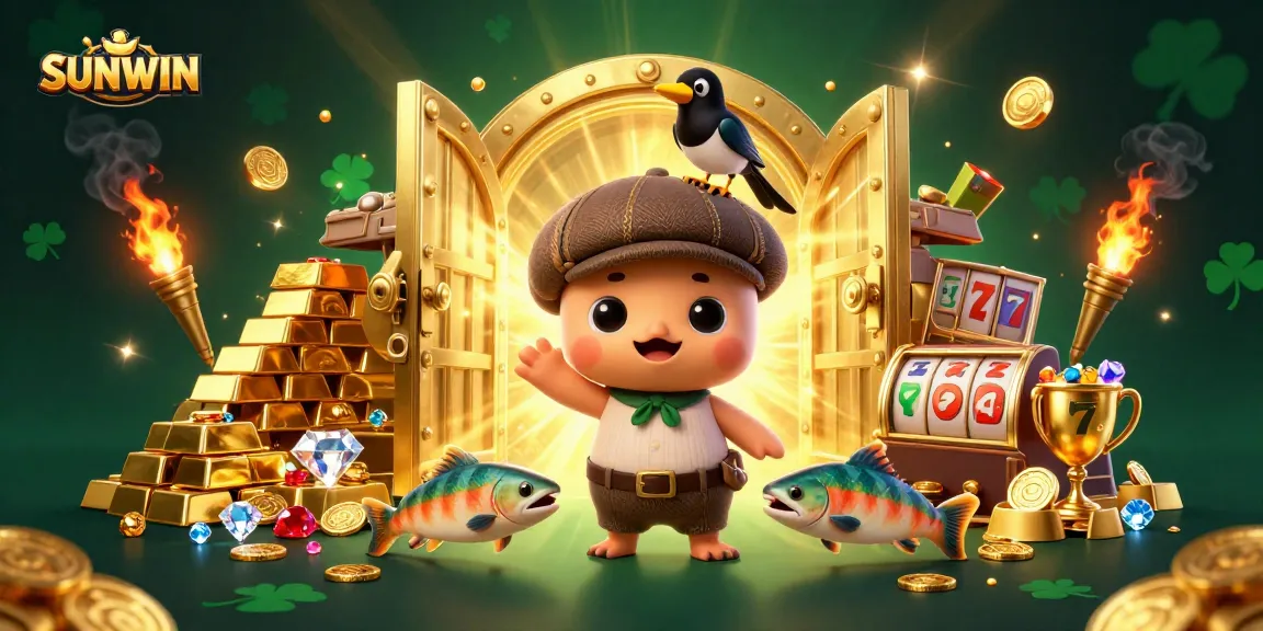 SUNWIN showcases a vibrant casino scene with playful Nessie, a magpie, and tartan salmon amidst treasures.