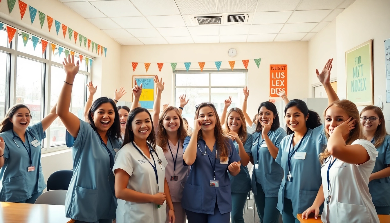 Cheerful nursing students sharing Houston NCLEX review testimonials after exam success.
