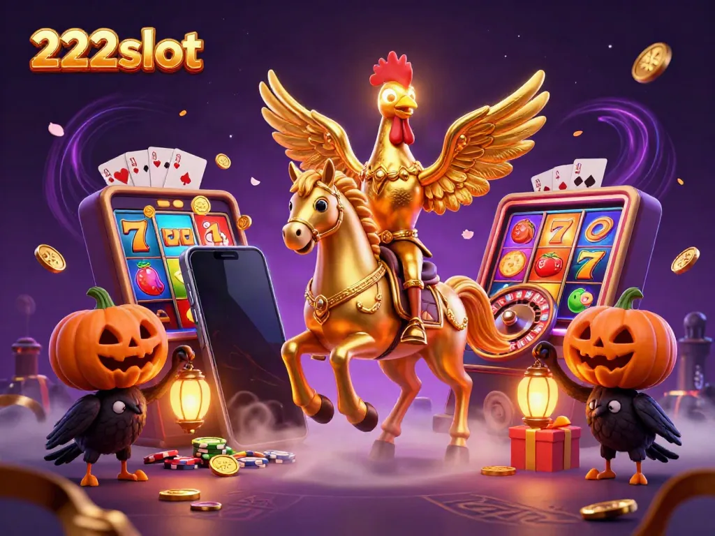 Ilustrasi kasino malam yang ramai dengan elemen permainan dan karakter 222slot yang menarik.
