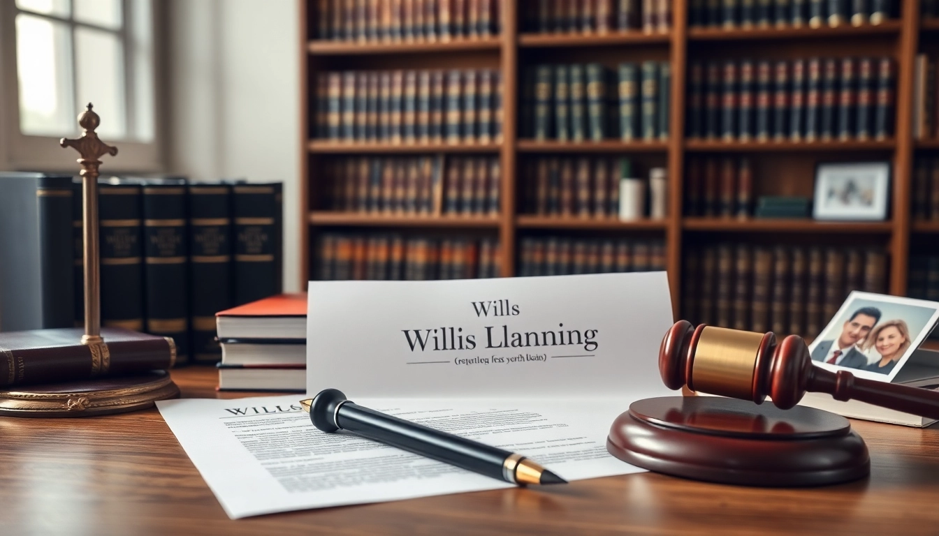 Arrange documents for Wills on a professional desk surrounded by law books.