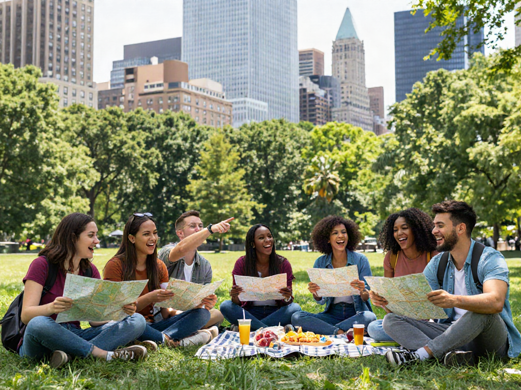 Friends browsing around here in a vibrant urban park, enjoying exploration and community.