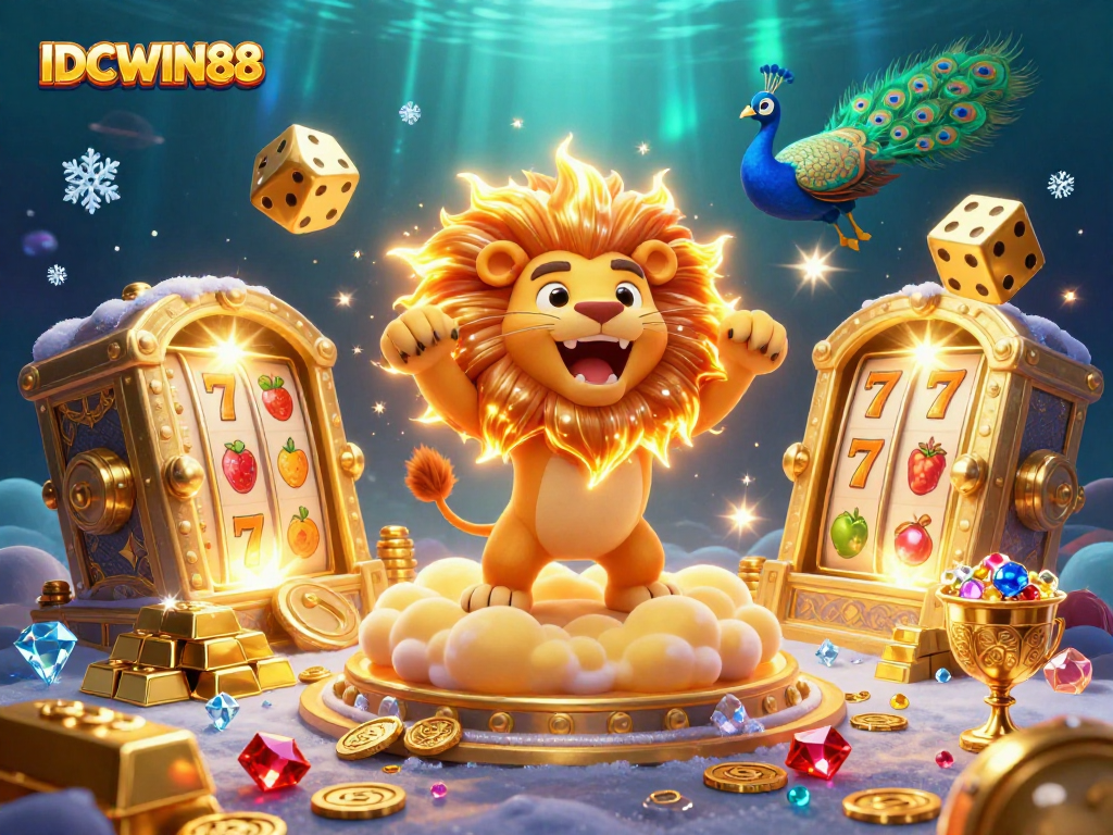 Experience thrilling wins with IDCWIN88 in this vibrant casino-themed 3D illustration.