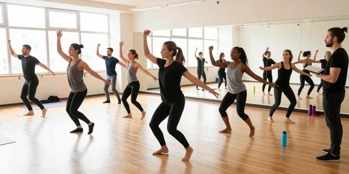 Group of dancers in rehearsal showcasing kinetic energy at kineticsynergydancecompany.com studio.