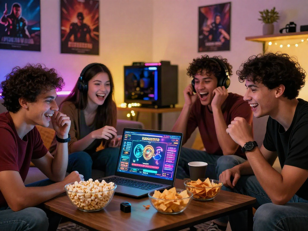 Friends enjoying kebuntoto online gaming session in a cozy living room with bright graphics.