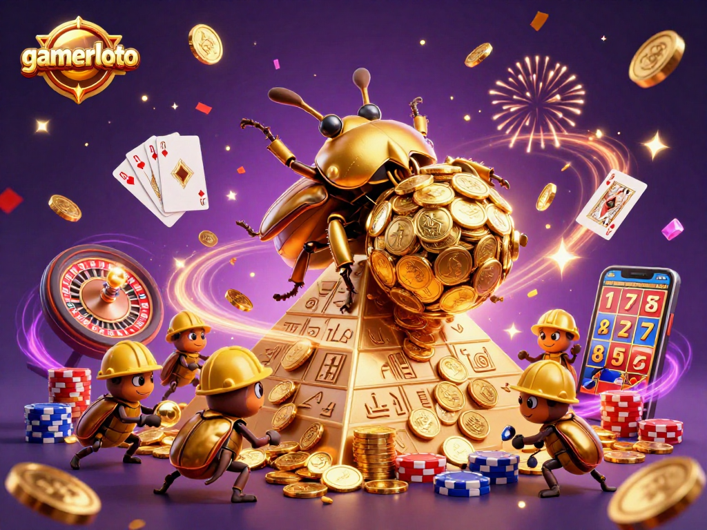 Experience the excitement of gamerloto with a golden beetle rolling coins at a casino-themed pyramid.