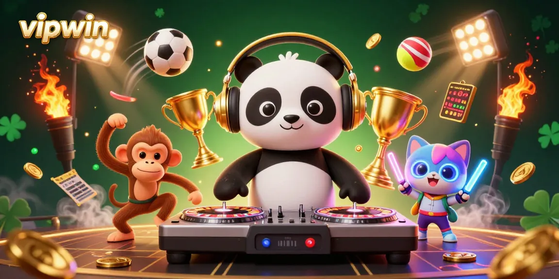 Engage with VIPWIN's thrilling experience featuring a DJ panda and dynamic characters in an exciting casino scene.