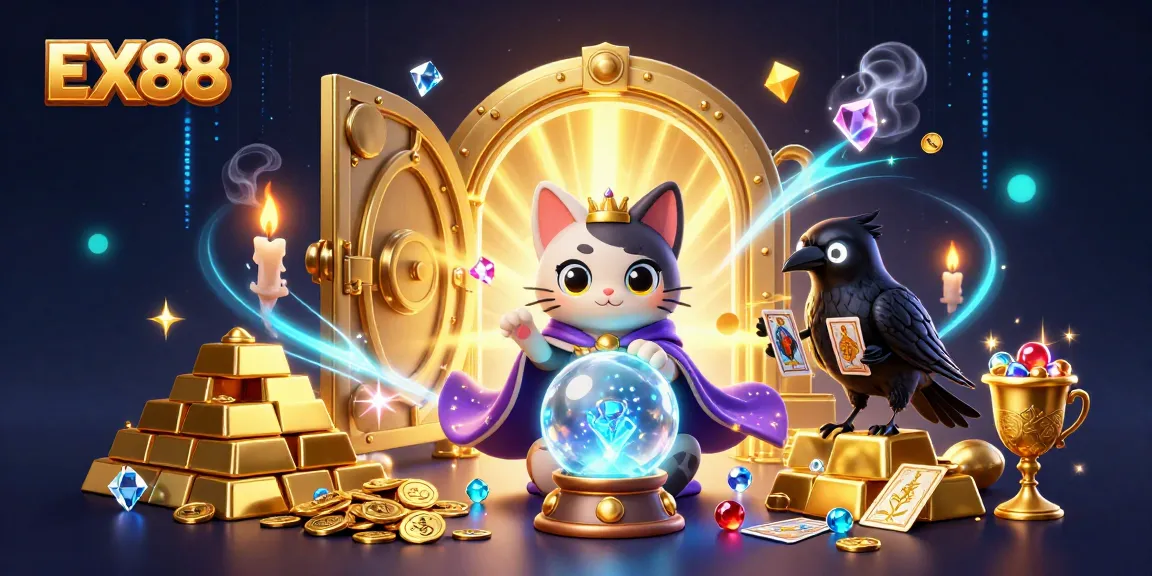 Engage with EX88’s enchanting experience through a mystical cat, raven, and vibrant casino elements.