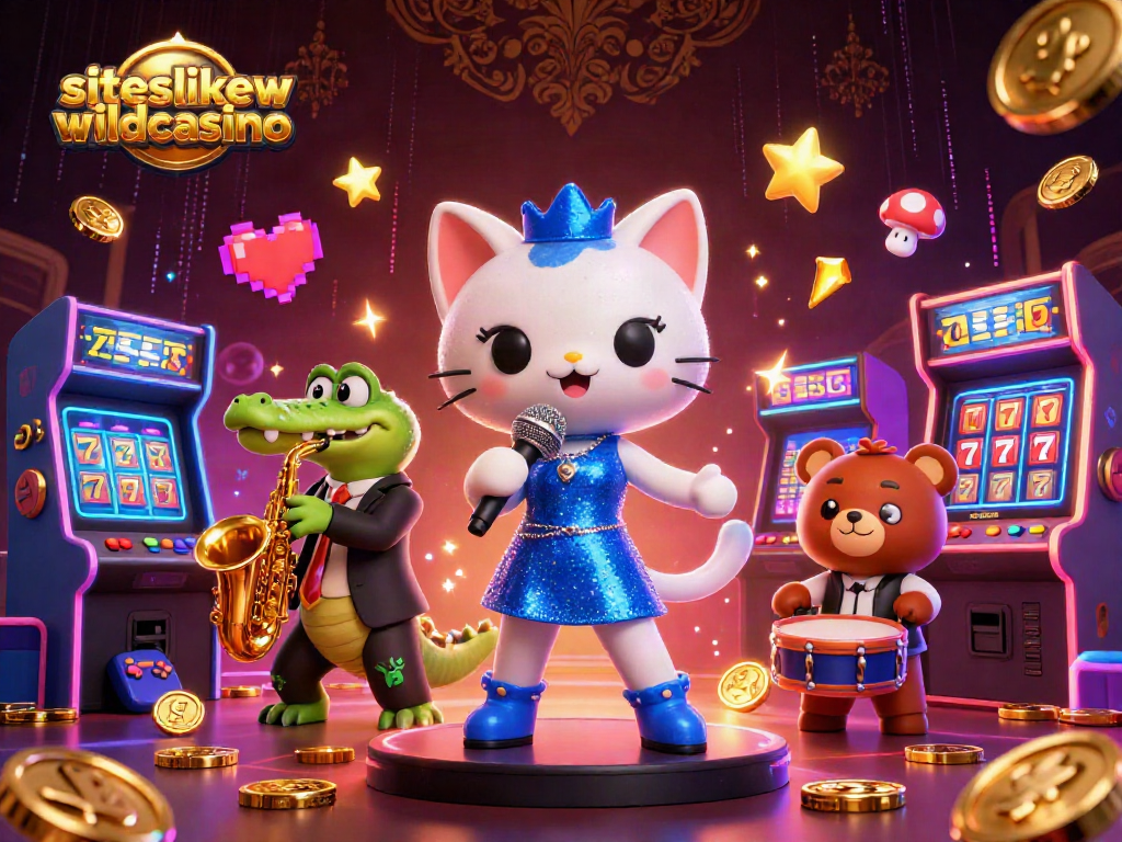 Experience thrills at siteslikewildcasino with a vibrant casino scene featuring a jazzy cat and playful characters.