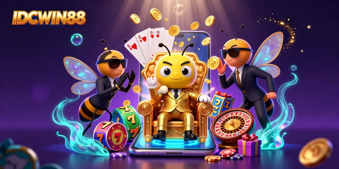 Experience thrilling gameplay at IDCWIN88 with dynamic slot reels and golden coins bursting from a smartphone.