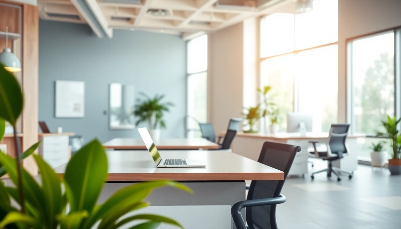 Showcase a modern rental office space with ergonomic furniture and bright lighting.