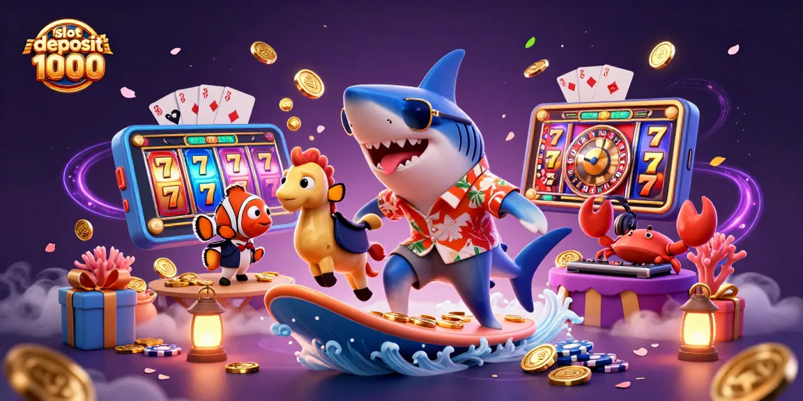 Permainan slot deposit 1000 yang seru dengan ikan hiu dan karakter lucu di antara tumpukan koin emas.