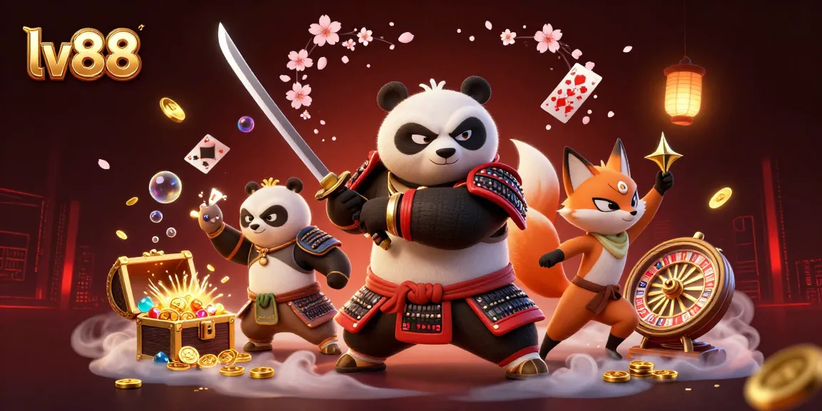 Experience winning strategies at lv88 with vibrant samurai panda and fox in a dynamic casino scene.