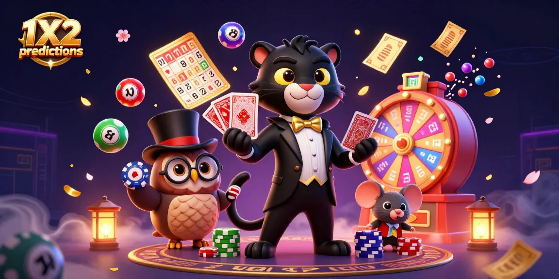 Engaging 1X2 predictions illustration shows a black panther dealing cards among colorful lottery elements.