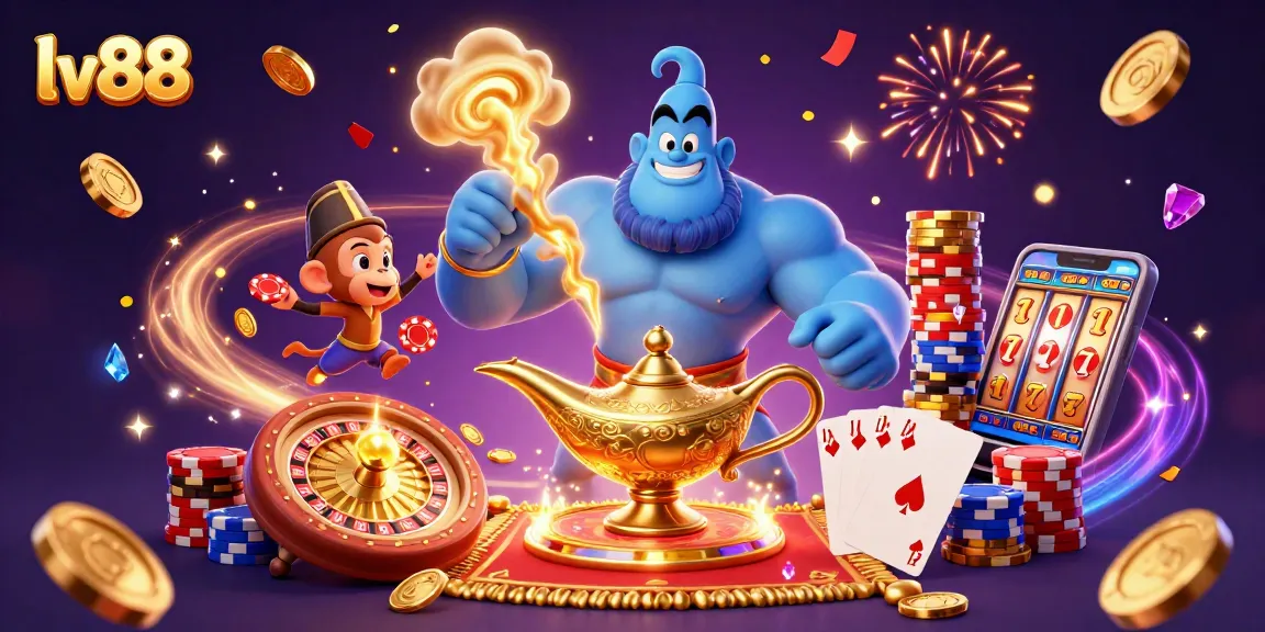 Experience the excitement of lv88 with a colorful casino scene full of glimmering coins and magical elements.