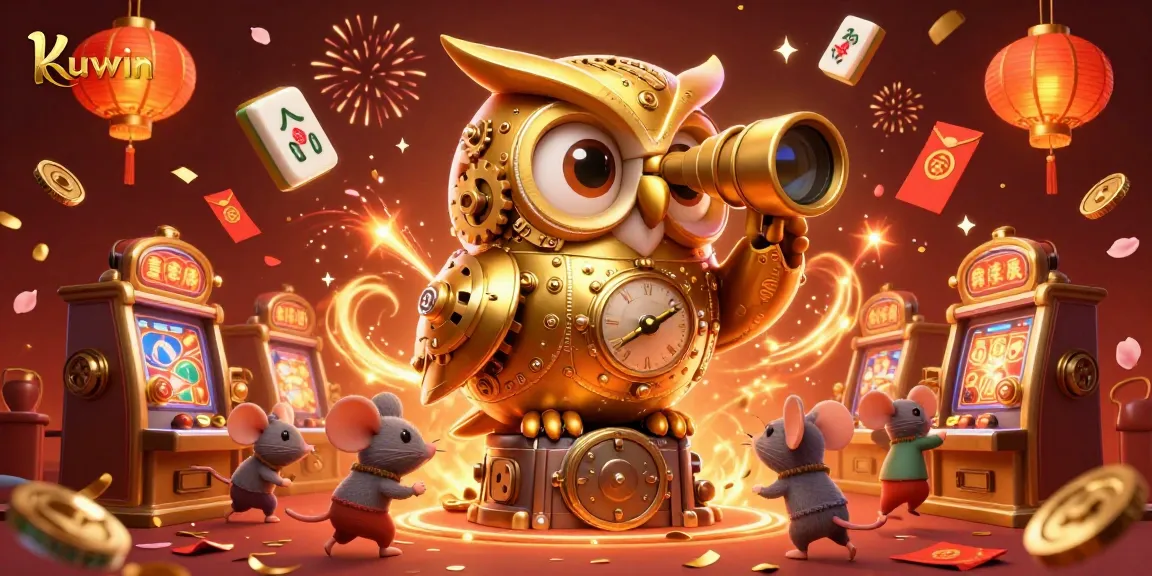 Experience the excitement with kuwin as a golden owl oversees vibrant casino games and playful mice.