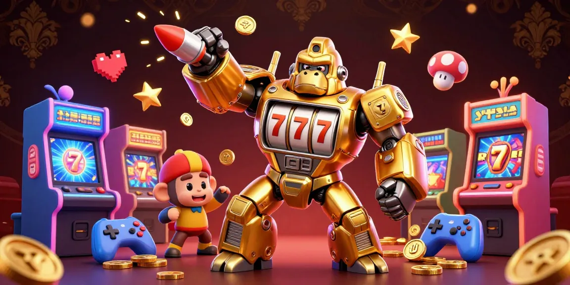 Jouez au casino en ligne avec un gorille robot en or, éparpillant des pièces d'or.