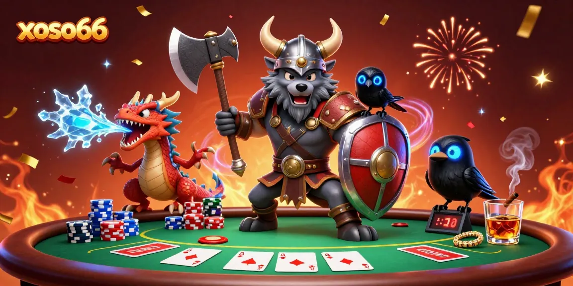 Xoso66 poker scene with a Viking wolf warrior, dragon, and raven among vibrant chips and cards.