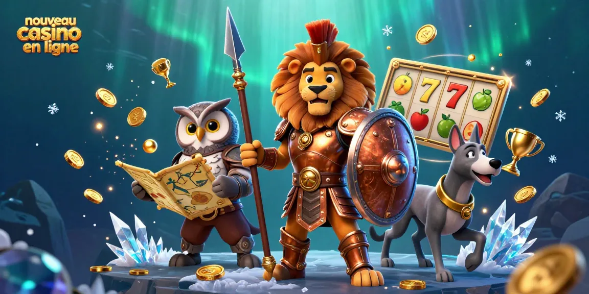 Visuel dynamique du nouveau casino en ligne avec un lion spartiate, une chouette stratège et un lévrier messager.