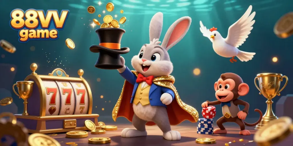 Experience 88VV game with a magician rabbit and engaging slot reels, showcasing cinematic fun.