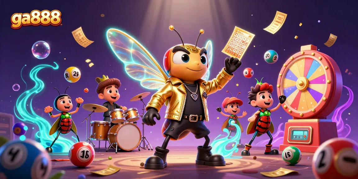 ga888 lottery fun with animated cicada rock star, colorful balls and dynamic gaming elements