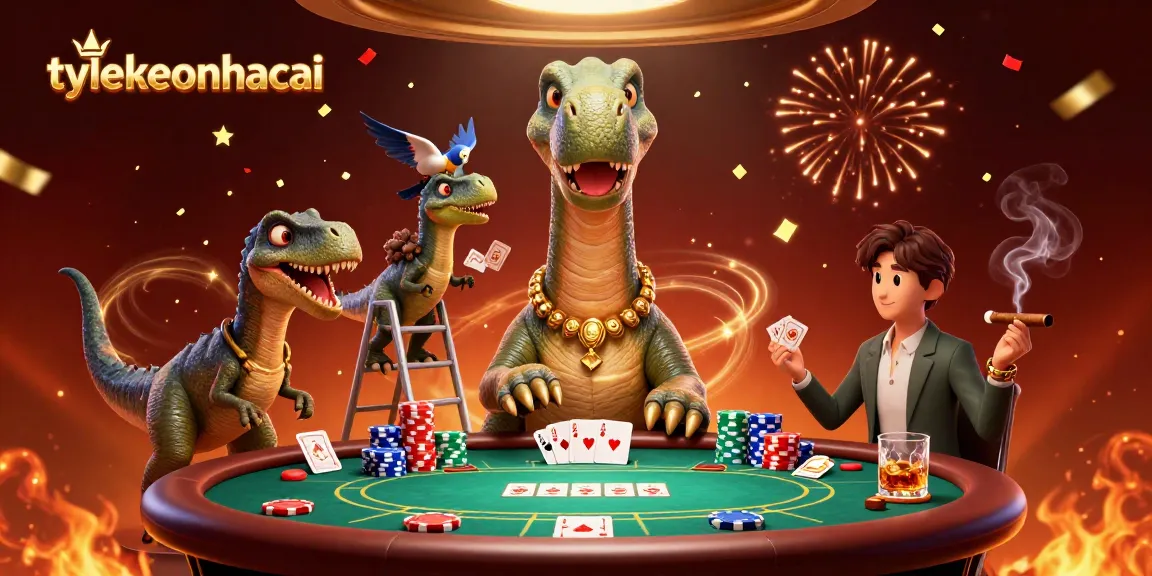 Bettors engage with tylekeonhacai while enjoying a vibrant casino scene filled with poker elements and celebration.