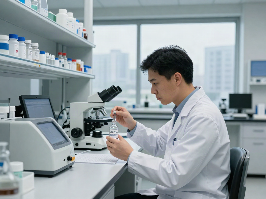 Researcher analyzing ghk-cu research peptide 100mg in a modern lab setting.