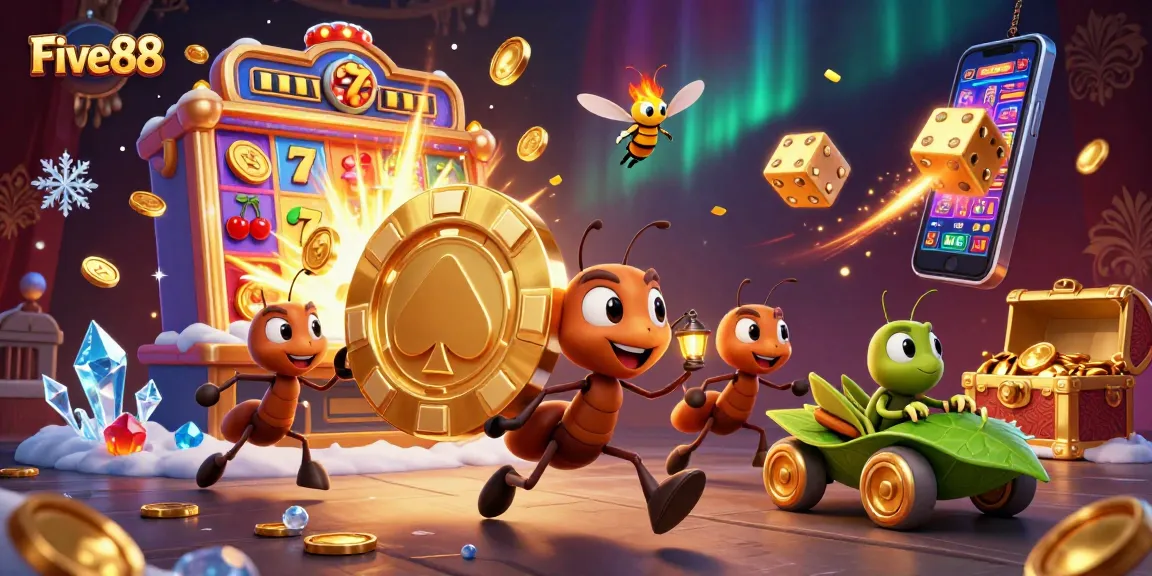 Experience a thrilling Five88 adventure with ants heisting a giant poker chip amidst vibrant casino elements.