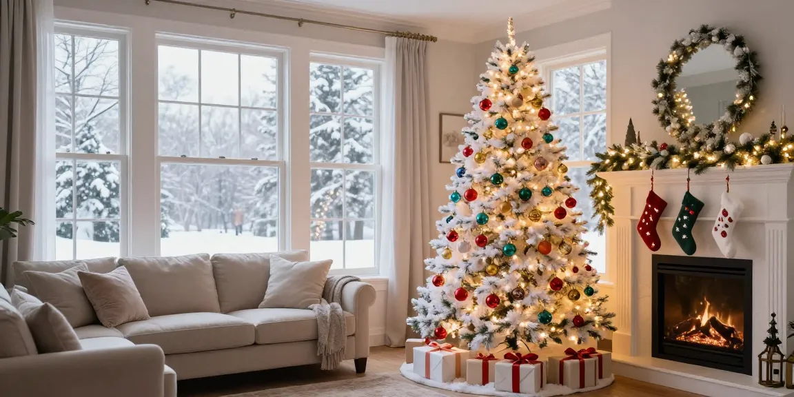 Stunning white colorful Christmas tree adorned with lights and ornaments in a festive living room.