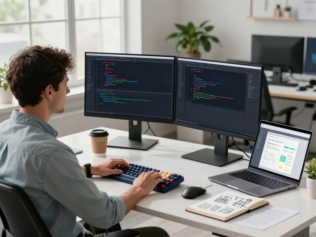 Focused software developer workspace showcasing gridquest.net coding environment with modern tech elements.