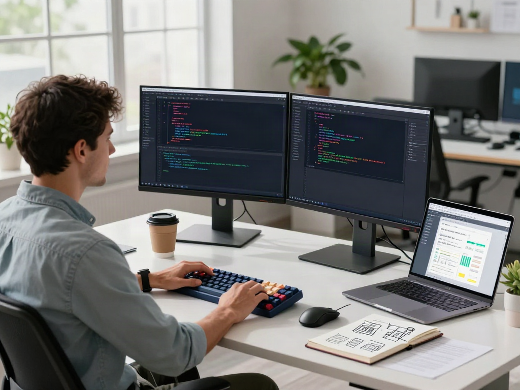 Focused software developer workspace showcasing gridquest.net coding environment with modern tech elements.