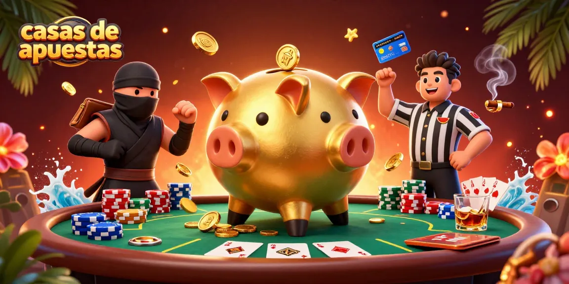 Las casas de apuestas ofrecen acción emocionante con un cerdito sumo dorado y un ninja, rodeados de fichas y cartas.