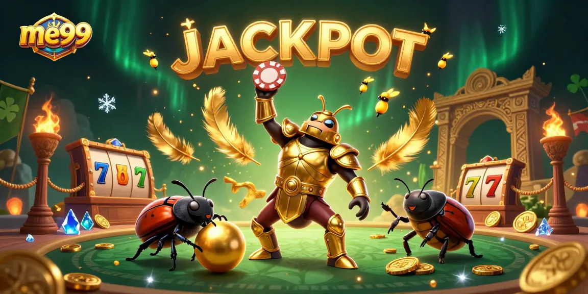 Experience the excitement of me99 with a victorious beetle lifting a poker chip and fireflies spelling JACKPOT.