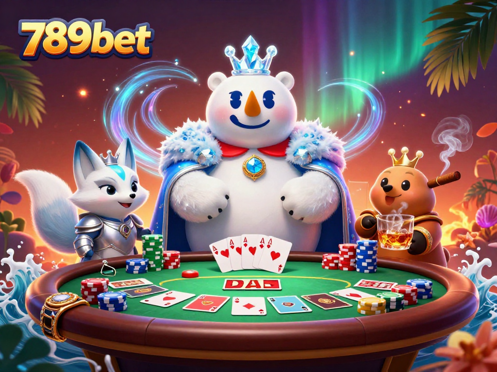 Engage with 789bet's exciting poker scene featuring a polar bear king and a fox in 3D.