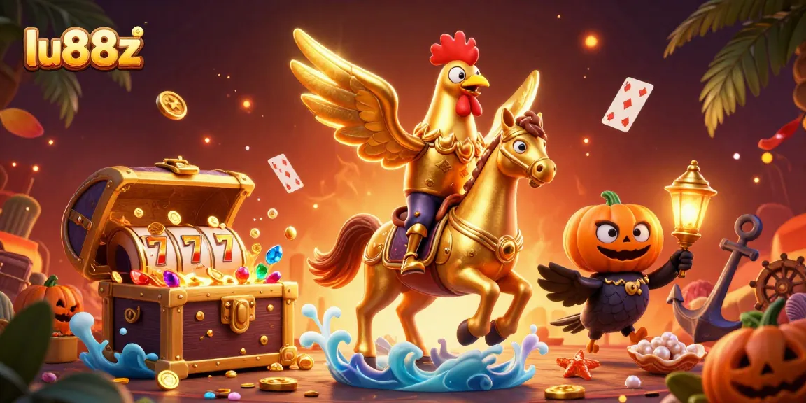 Engage with thrilling gameplay at lu88z featuring a vibrant scene with a golden rooster and casino elements.