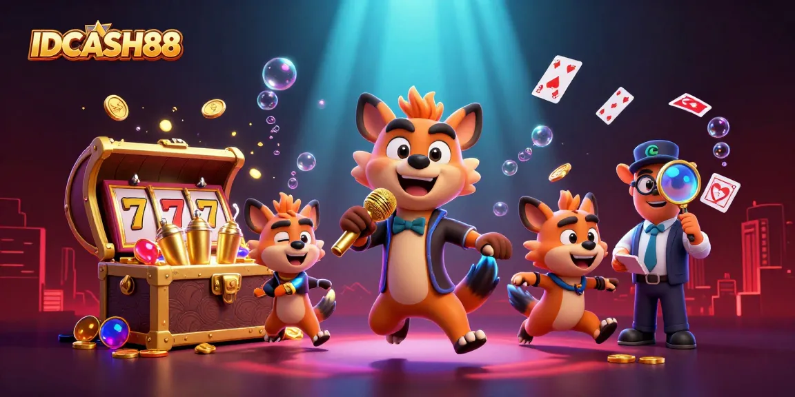 Engage with IDCASH88's thrilling casino experience featuring lively hyenas in a comedy club atmosphere.