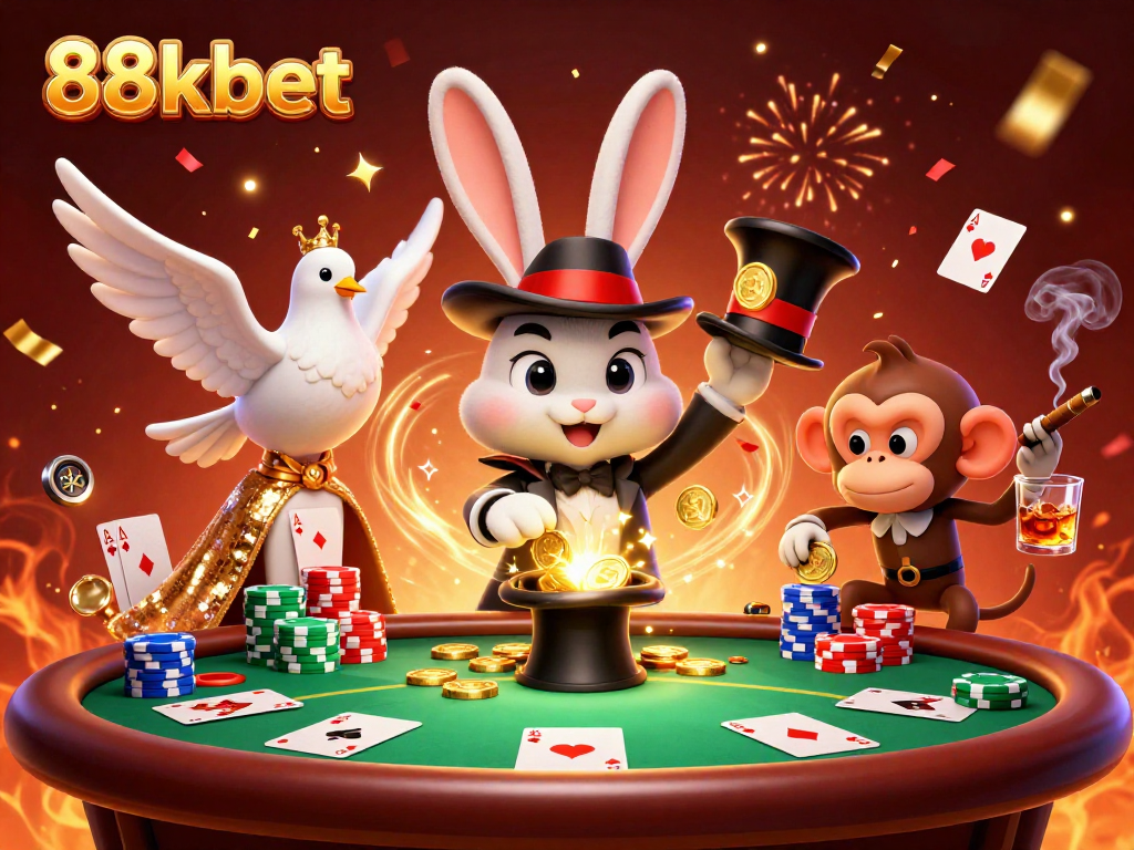Experience the magic of 88kbet with an enchanting scene of characters celebrating wins at a lively poker table.
