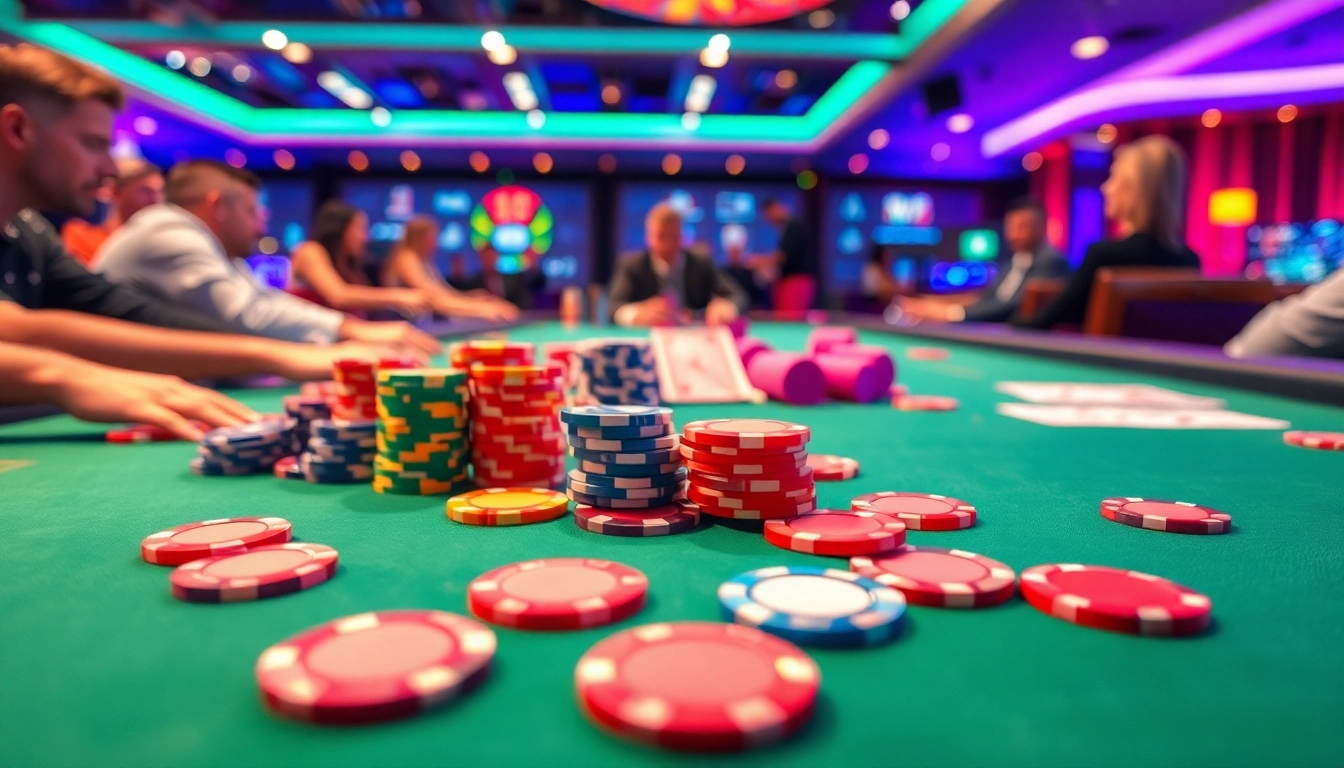 Menggambarkan suasana kasino di https://emasputihtotorr.com/ dengan meja kartu dan chip warna-warni.