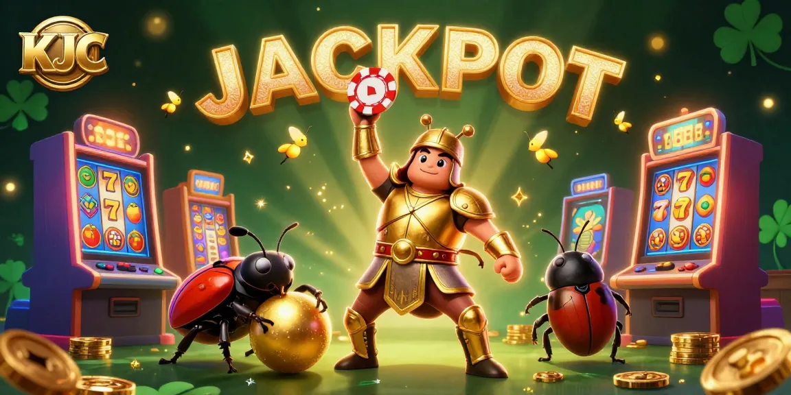 KJC reveals a thrilling jackpot scene with cartoon beetles celebrating in a vibrant casino atmosphere.