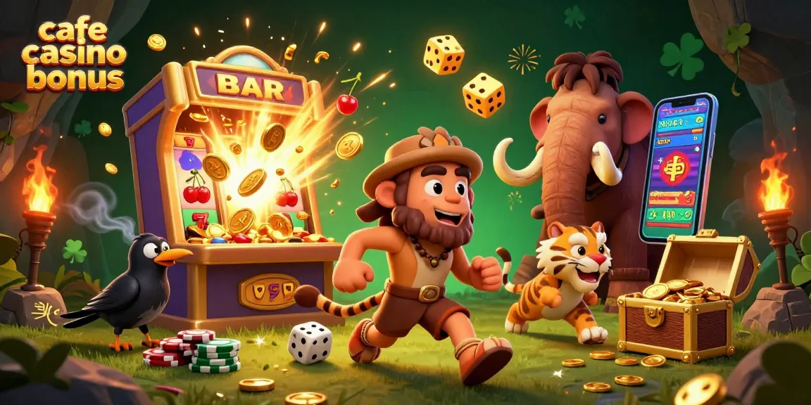 Cafe casino bonus characters celebrate wins in a vibrant prehistoric casino scene filled with slot machines and golden treasures.