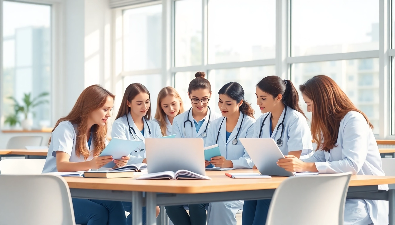 Students engaged in an In person Nclex review in Houston, collaborating in a bright classroom.