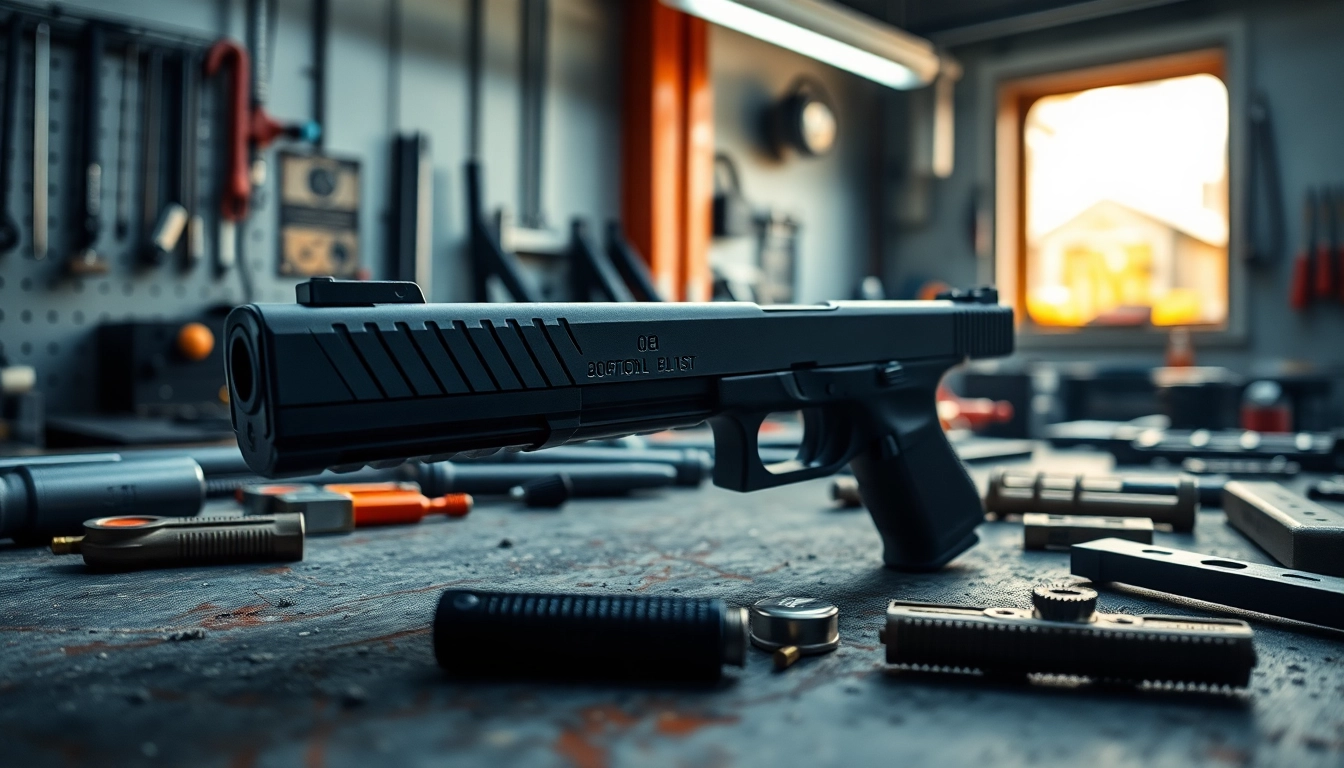 View of an oem glock 26 slide with intricate details showcased against a workshop background