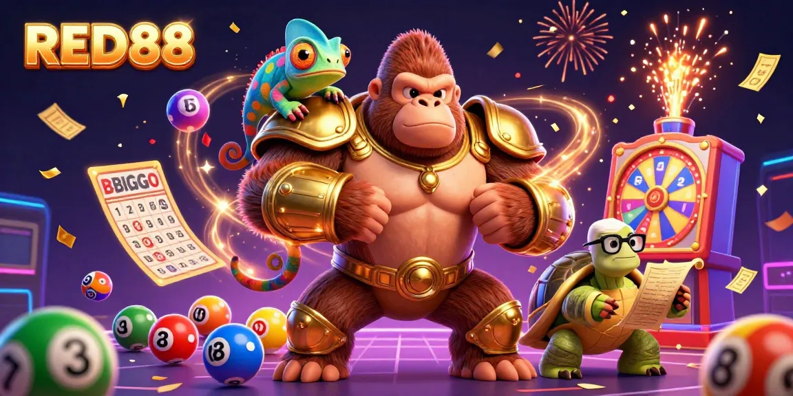 Experience the thrill of RED88 with an epic casino scene featuring colorful lottery elements and dynamic characters.