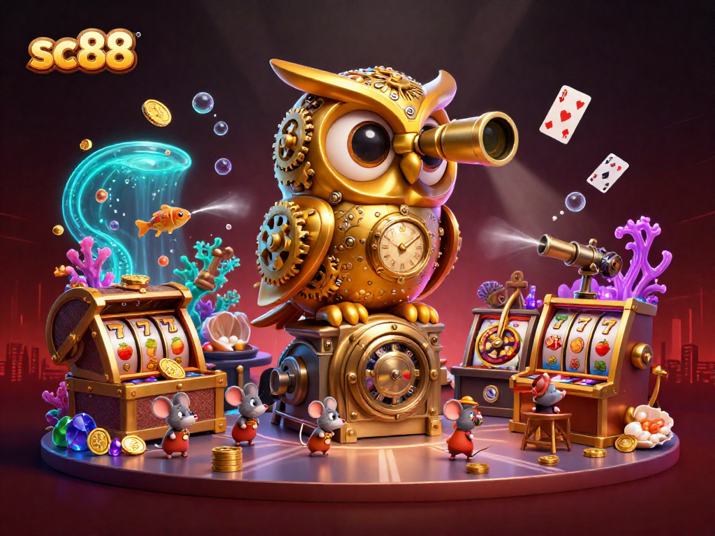 Sc88 showcases lively slot machines with a golden owl amidst a vibrant casino scene.