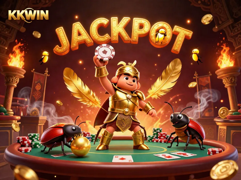 Join the KKWIN poker battle with a victorious beetle champion surrounded by casino glory.