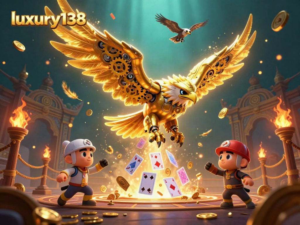 Experience the excitement of luxury138 with a dynamic scene showcasing a cybernetic eagle amidst holographic cards.