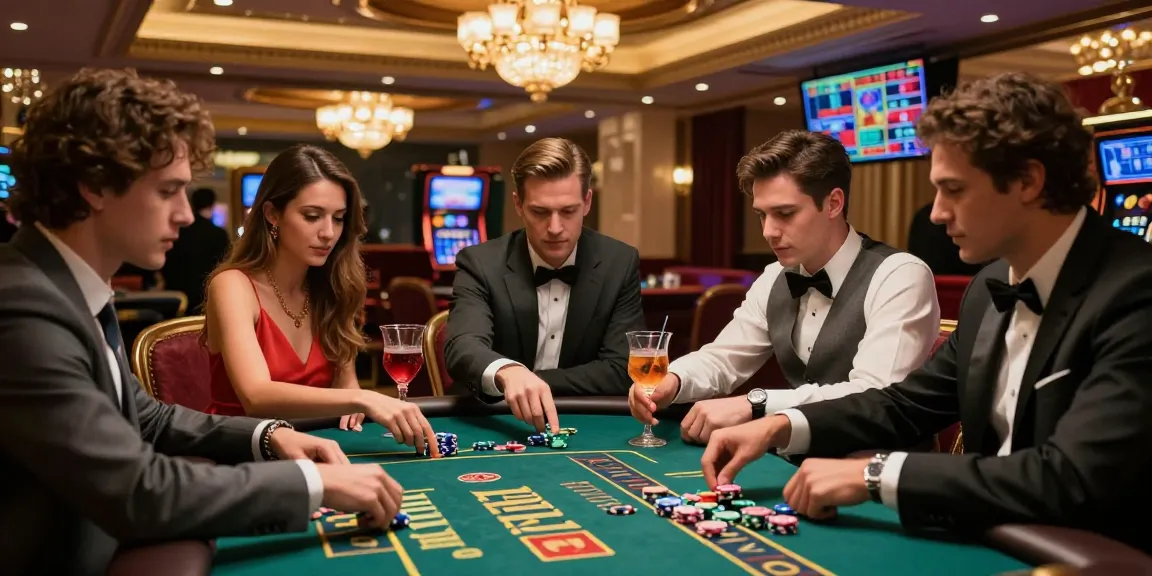 Suasana perjudian mewah di casino dengan simbol LUXURY777 dan teman-teman menikmati taruhan.
