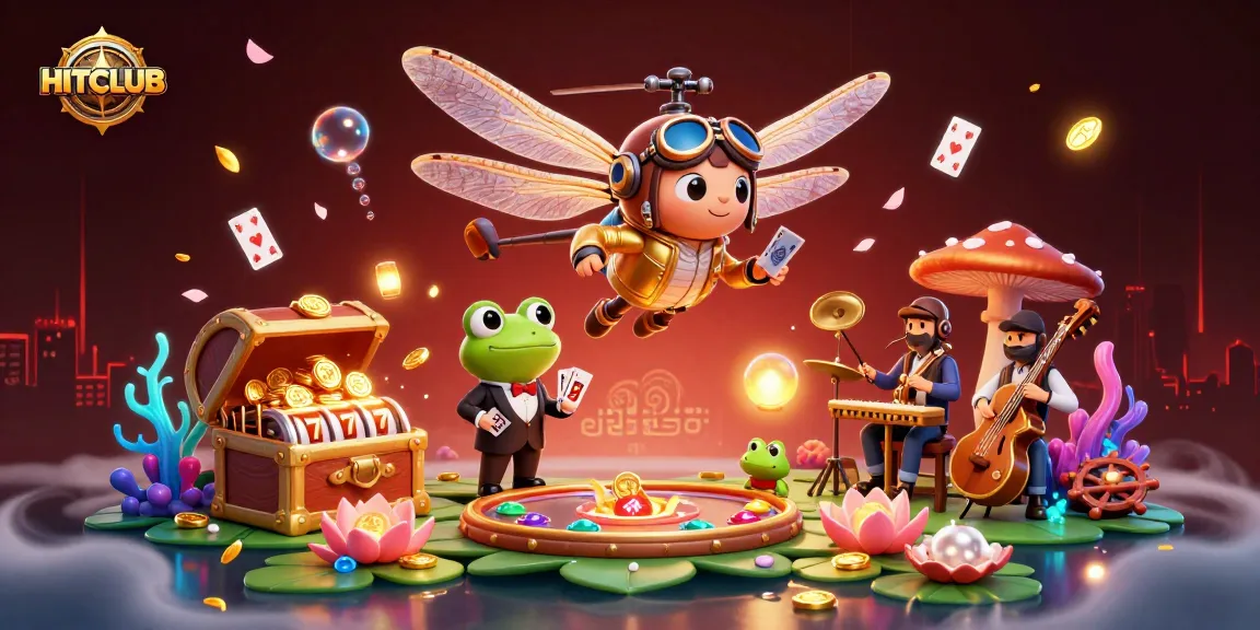 HITCLUB engages players with a vibrant casino scene featuring a dragonfly pilot, frog croupier, and jazz musicians.