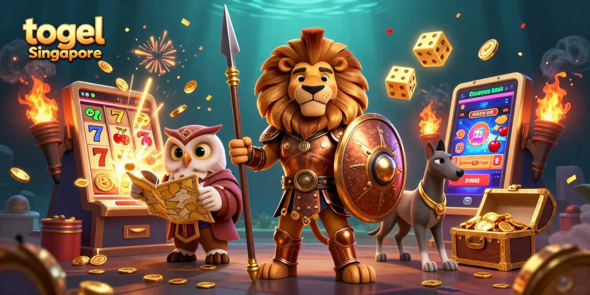 Experience thrilling togel Singapore action with a Spartan lion, owl strategist, and greyhound messenger amidst jackpot excitement.